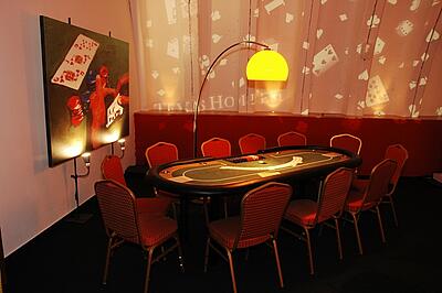 Pokertisch bei der Produktpräsentation des neuen Mercedes Actros Pokertisch mit Dekowand und Diaprojektionen im Hintergrund für eine Kundenveranstaltung.