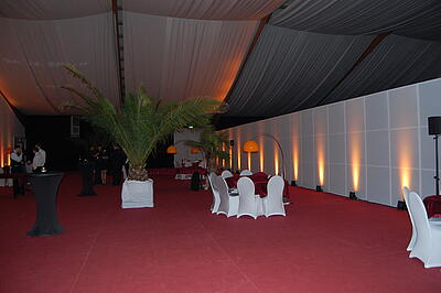 Beachcasino-Event im Chamäleon in Frankfurt am Main Veranstaltungsraum mit Palmen und Spieltische mit weißen Stühlen im Chamäleon in Frankfurt am Main