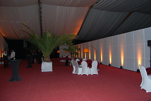 Beachcasino-Event im Chamäleon in Frankfurt am Main Veranstaltungsraum mit Palmen und Spieltische mit weißen Stühlen im Chamäleon in Frankfurt am Main