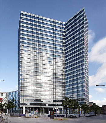 Panoramadeck in Hamburg Blick von unten auf das Haus mit dem Panoramadeck in Hamburg